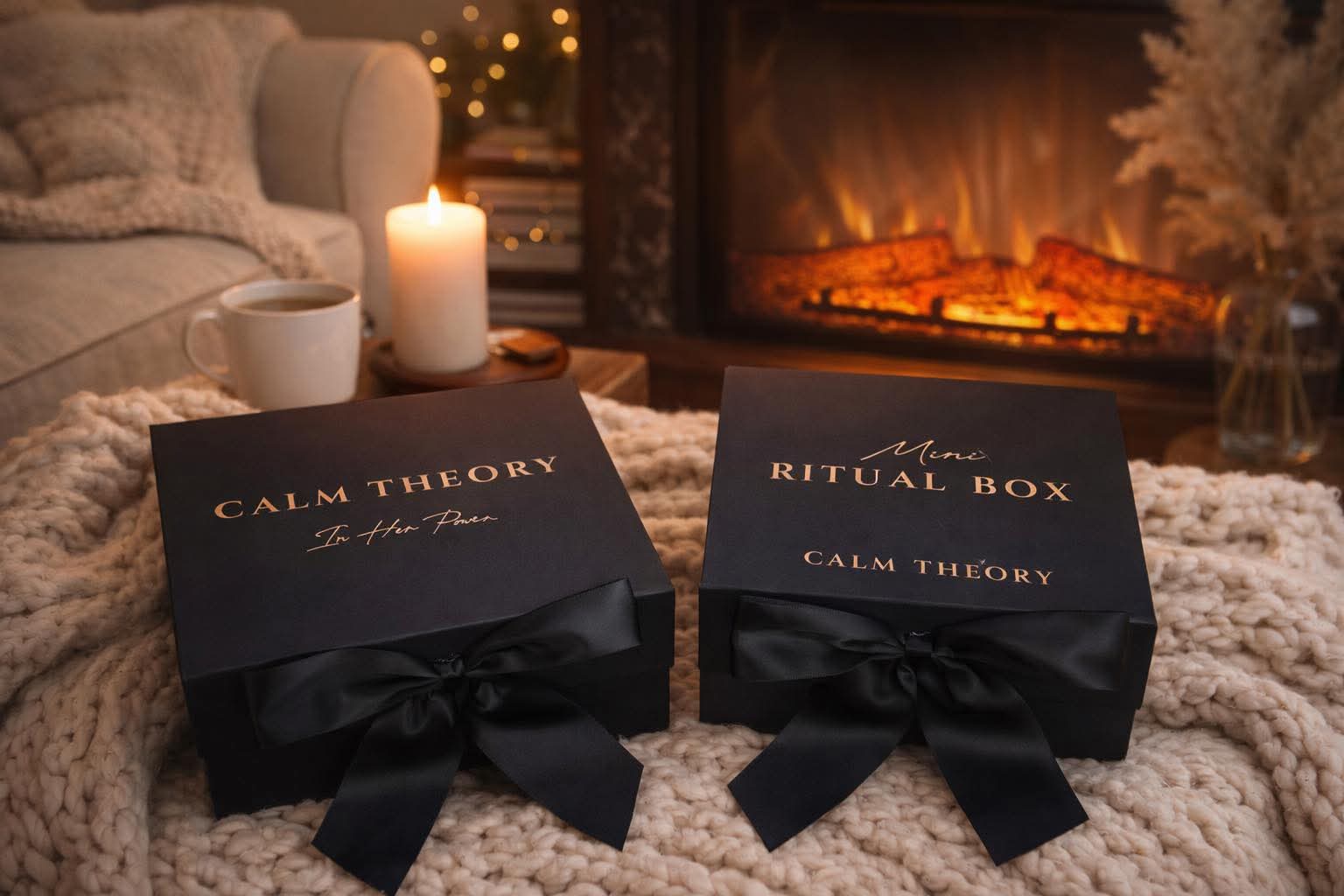 Calm Theory ritual boxes styled beside a warm fireplace